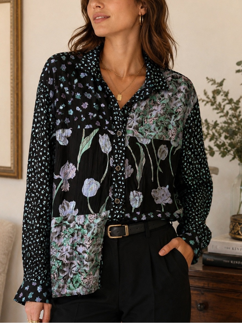 Vintage AKF New York 100% Rayon Patchwork Floral Crinkle Blouse Made USA Size 11